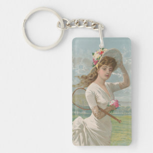 Victorian Tennis Lady with Flowered Hat Antique  Key Ring