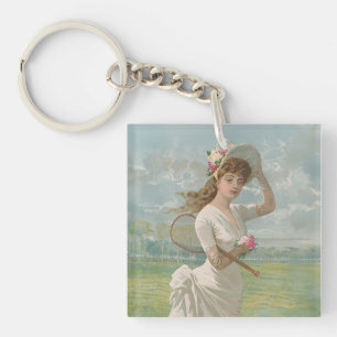 Victorian Tennis Lady with Flowered Hat Antique  Key Ring