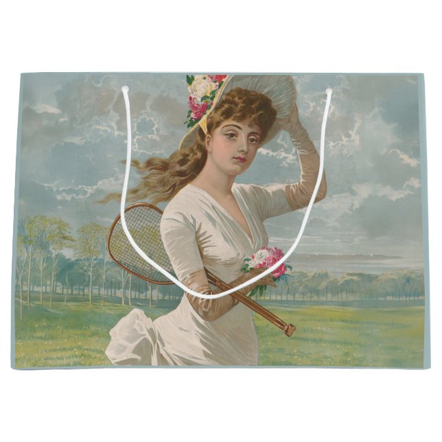 Victorian Tennis Lady with Flowered Hat Antique  Large Gift Bag (Front)