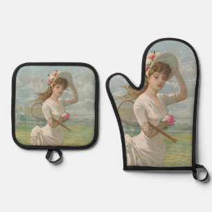 Victorian Tennis Lady with Flowered Hat Antique  Oven Mitt & Pot Holder Set