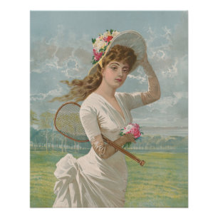 Victorian Tennis Lady with Flowered Hat Antique  Poster