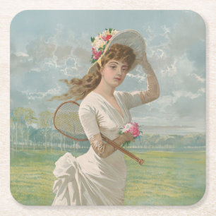 Victorian Tennis Lady with Flowered Hat Antique Square Paper Coaster