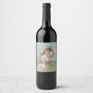 Victorian Tennis Lady with Flowered Hat Antique  Wine Label