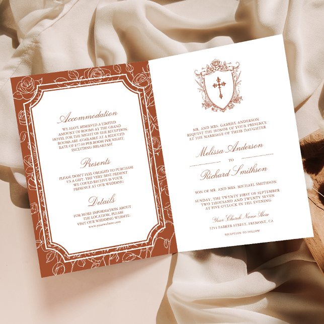 Victorian Terracotta Catholic QR Code Wedding Invitation (Creator Uploaded)