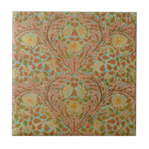Victorian Terracotta Rose and Leaf Botanical Print Ceramic Tile