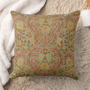 Victorian Terracotta Rose and Leaf Botanical Print Cushion