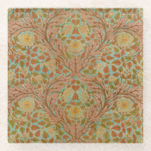 Victorian Terracotta Rose and Leaf Botanical Print Glass Coaster