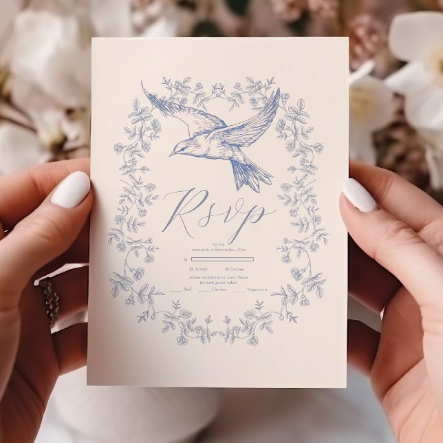 Victorian Toile French Blue Classic Wedding RSVP Card (Creator Uploaded)