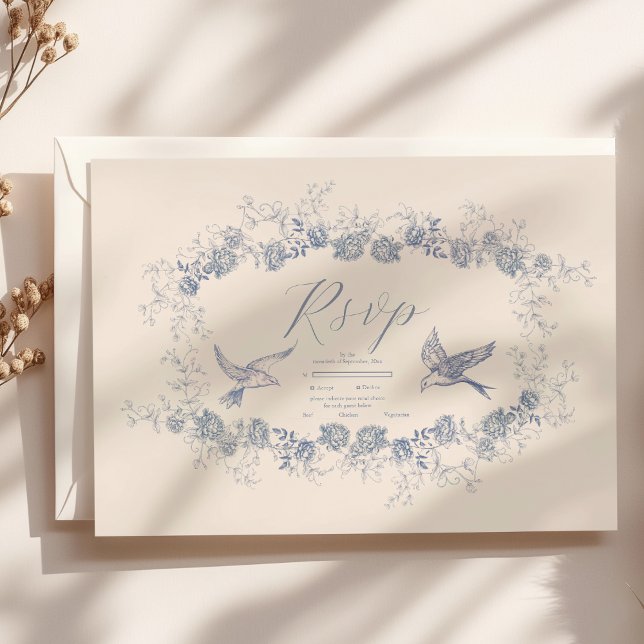 Victorian Toile French Blue Classic Wedding RSVP Card (Creator Uploaded)