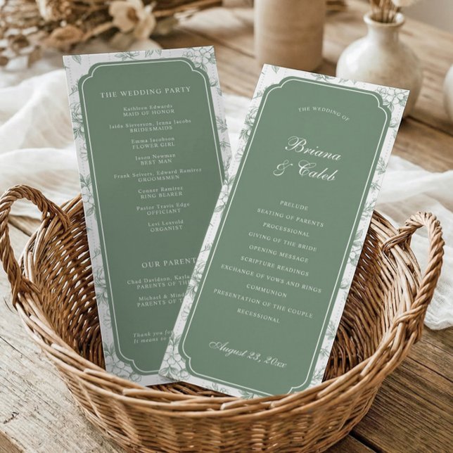 Victorian Toile Sage Green Floral Frame Wedding Program (Double-sided sage green Victorian wedding program with French floral scalloped frame)