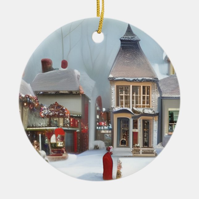 Victorian Town at Christmas Ceramic Ornament (Front)