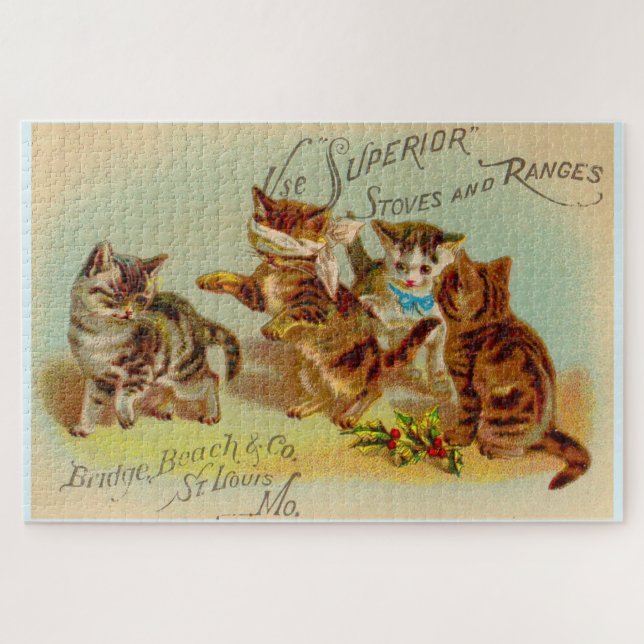 Victorian trade card kittens playing jigsaw puzzle (Horizontal)