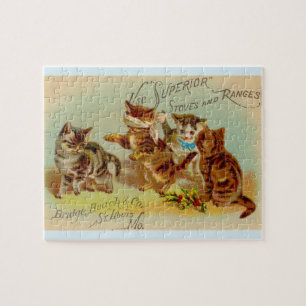 Victorian trade card kittens playing jigsaw puzzle