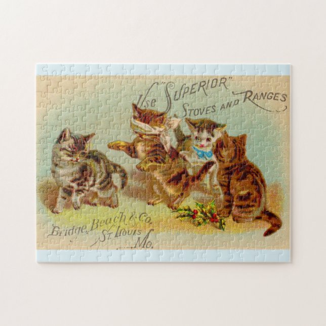 Victorian trade card kittens playing jigsaw puzzle (Horizontal)