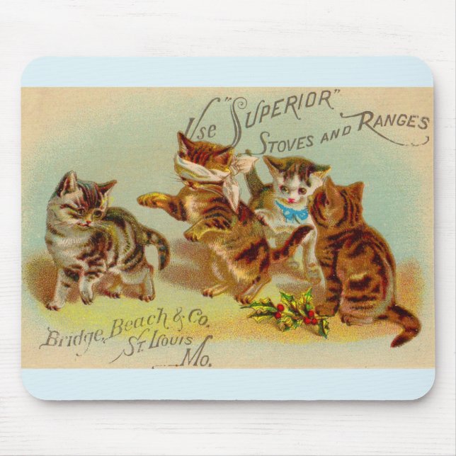 Victorian trade card kittens playing mouse pad (Front)