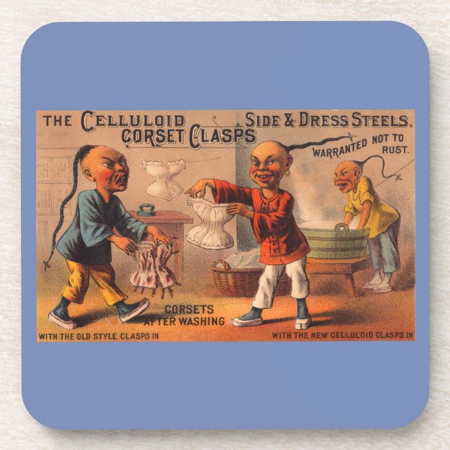 Victorian tradecard celluloid corset clasps coaster (Front)