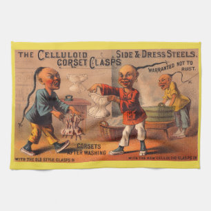 Victorian tradecard celluloid corset clasps tea towel