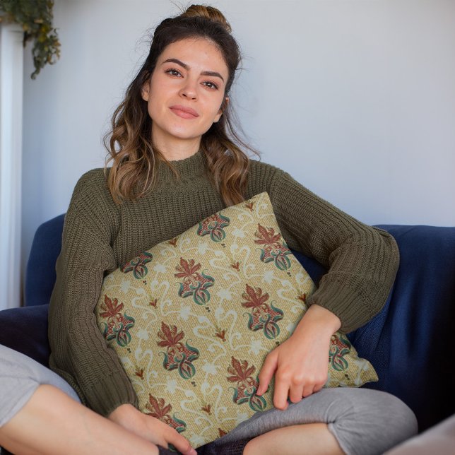 Victorian Tulip Foliage Floral Motif Livingroom Cushion (mockup of a woman holding a Victorian Tulip Foliage Floral Motif Livingroom Throw Pillow)