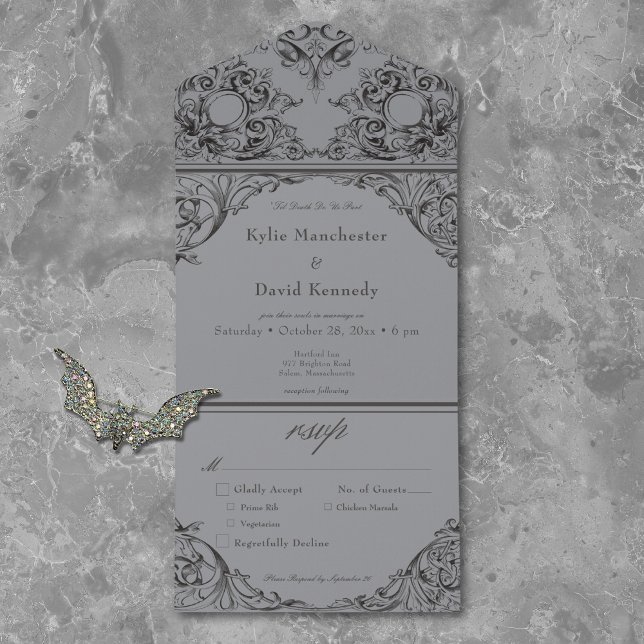 Victorian Until Death Black & Grey Wedding Dinner All In One Invitation (Creator Uploaded)