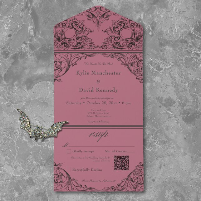 Victorian Until Death Black & Wine Wedding QR Code All In One Invitation (Creator Uploaded)