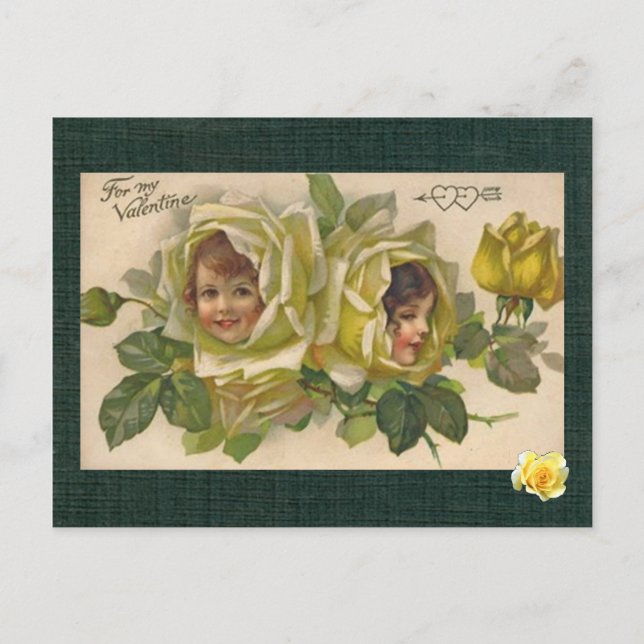 Victorian Valentine 2 Girls Yellow Roses Postcard (Front)