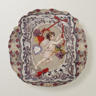 Victorian Valentine Angel Red Heart   Round Cushion