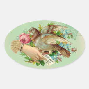 Victorian Valentine Bird and rose Oval Sticker