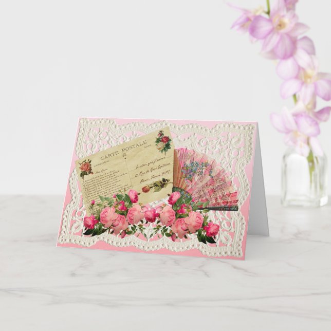 Victorian Valentine's Card - Roses And Antique Fan (Orchid)