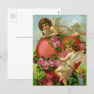 Victorian Valentines Day Vintage Angels Heart Rose Holiday Postcard