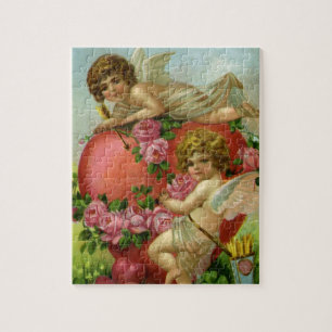 Victorian Valentines Day Vintage Angels Heart Rose Jigsaw Puzzle