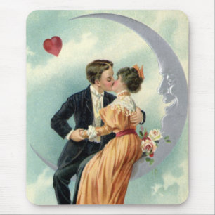 Victorian Valentine's Day Vintage Kiss on the Moon Mouse Pad