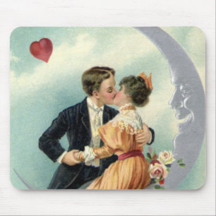 Victorian Valentine's Day Vintage Kiss on the Moon Mouse Pad