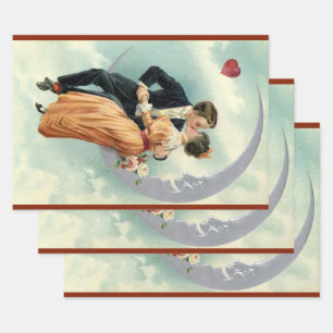 Victorian Valentine's Day Vintage Kiss on the Moon Wrapping Paper Sheet