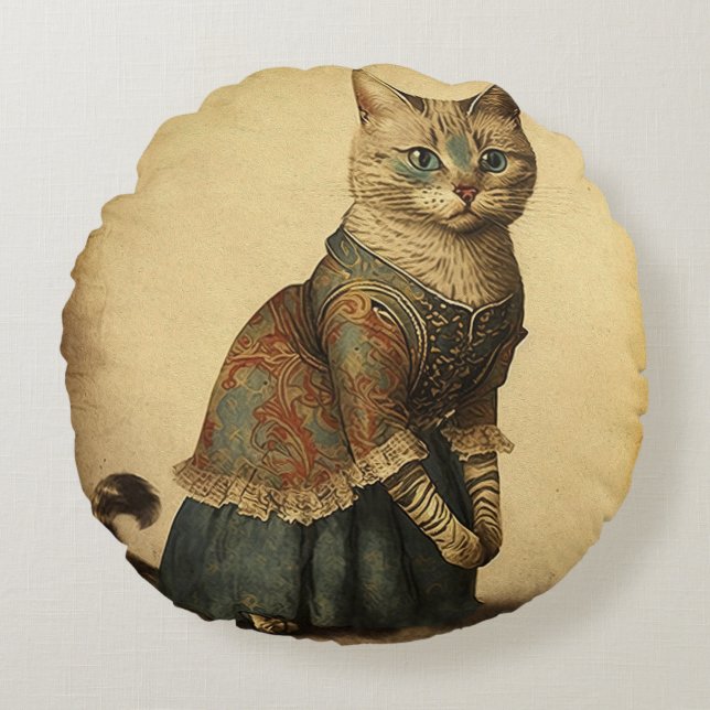 Victorian Vintage Cat Round Throw Pillow Cushion (Front)