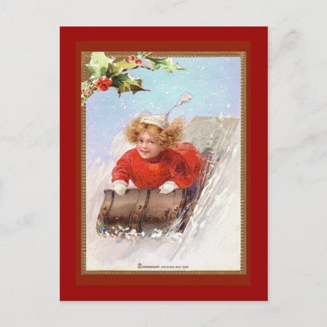 Victorian Vintage Holiday Card Sledding (Front)