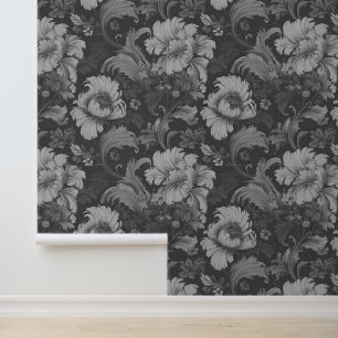 Victorian Vintage Large Floral Peony Grayscale Wallpaper