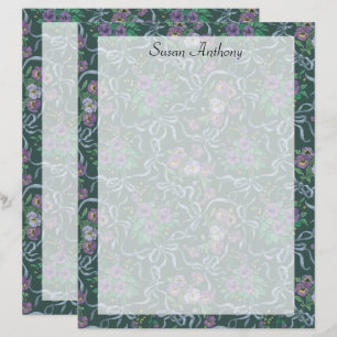 Victorian Vintage Purple Pansies Blue Ribbon Paper