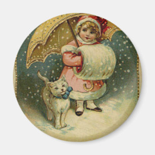 Victorian Vintage Retro Child and Cat Christmas Magnet