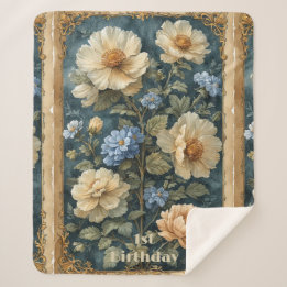 Victorian Vintage Soft Ivory Peony English Garden  Sherpa Blanket