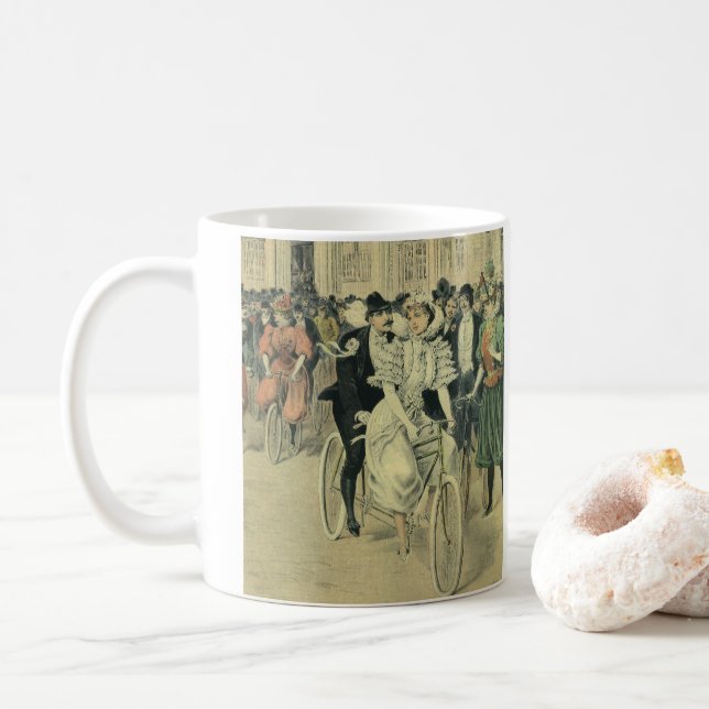 Victorian Wedding Bride and Groom Newlywed Bicycle Coffee Mug (With Donut)