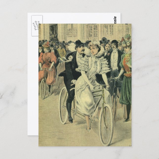 Victorian Wedding Bride and Groom Newlywed Bicycle Postcard (Front/Back)
