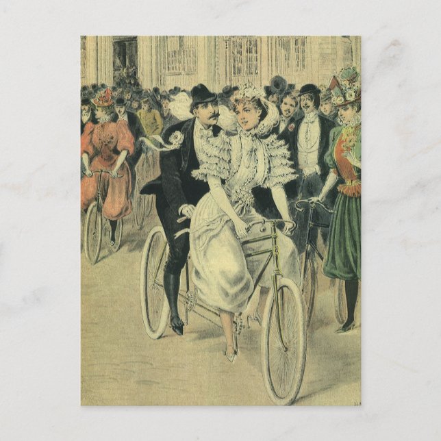 Victorian Wedding Bride and Groom Newlywed Bicycle Postcard (Front)