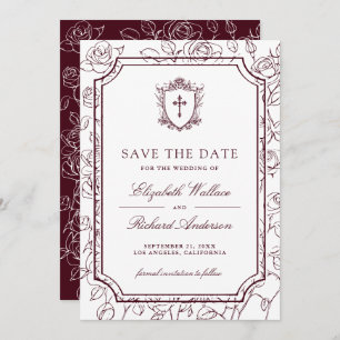 Victorian White and Burgundy Catholic Wedding Save The Date