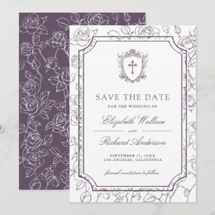 Victorian White and Dusty Purple Catholic Wedding Save The Date