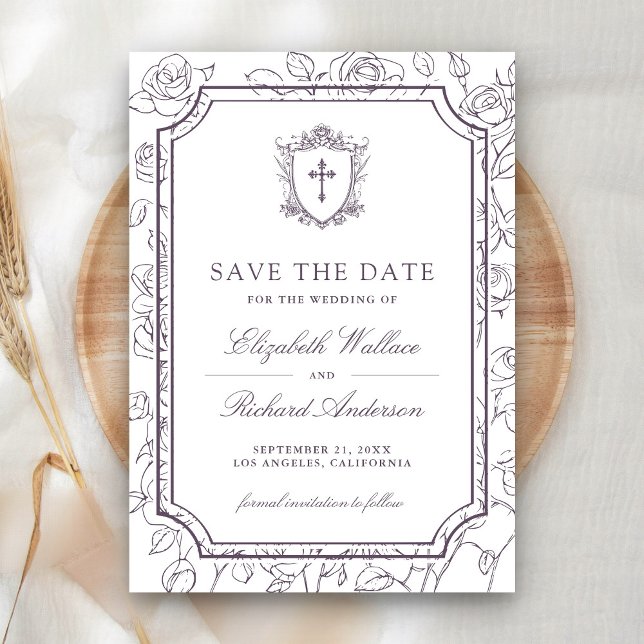 Victorian White and Dusty Purple Catholic Wedding Save The Date (Creator Uploaded)