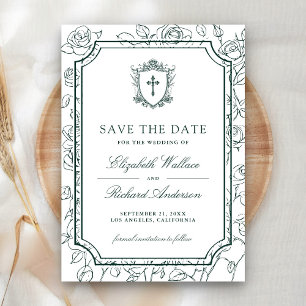 Victorian White and Emerald Green Catholic Wedding Save The Date