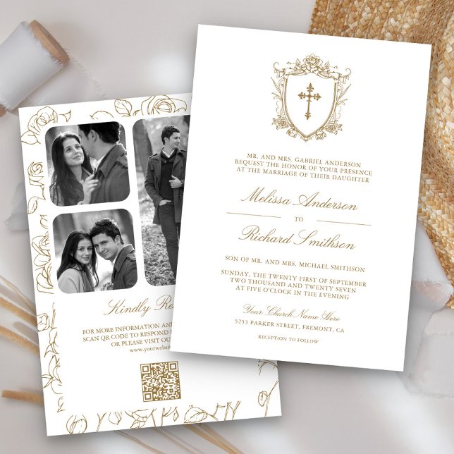 Victorian White and Gold Catholic QR Code Wedding Invitation (Creator Uploaded)