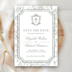 Victorian White and Sage Green Catholic Wedding Save The Date