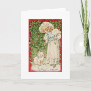 Victorian White Cat Christmas Greeting Card