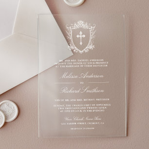Victorian White Catholic Wedding Acrylic Invitations